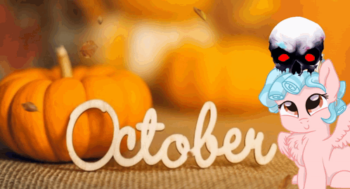 A Pink Pony With A Skull On Her Head Is Sitting In Front Of A Sign That Says October GIF