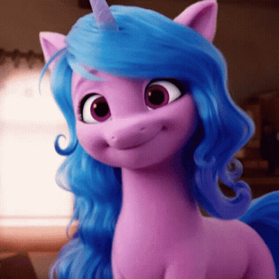A Pink Pony With Blue Hair And A Blue Horn Is Smiling . GIF