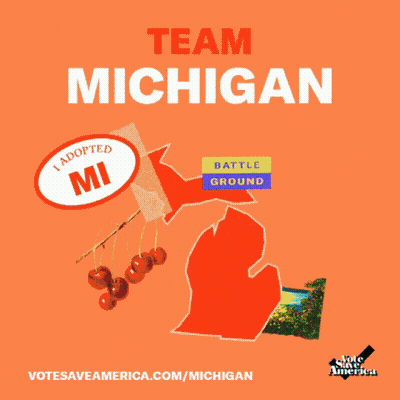 A Pink Poster With A Map Of Michigan And A Sticker That Says " I Adopted Mi " GIF