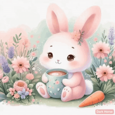 A Pink Rabbit Is Holding A Cup Of Coffee And A Carrot . GIF