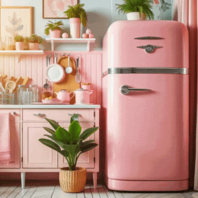 A Pink Refrigerator In A Kitchen With A Plant In Front Of It GIF