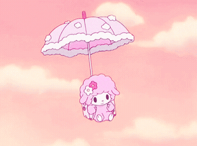 A Pink Sheep Is Flying Under A Pink Umbrella In The Sky GIF