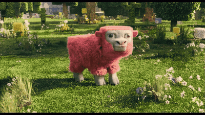 A Pink Sheep Is Standing In The Grass In A Field GIF