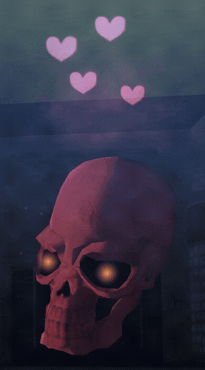 A Pink Skull With Hearts Coming Out Of It 'S Eyes GIF