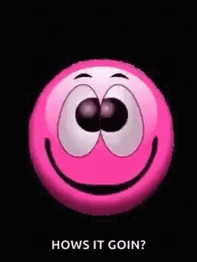 A Pink Smiley Face With Big Eyes Is Smiling And Says `` Hows It Goin '' . GIF