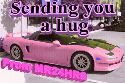 A Pink Sports Car With The Words " Sending You A Hug " On It GIF
