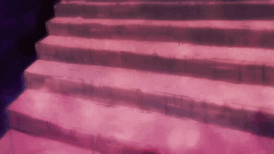 A Pink Staircase With A Purple Background And A Person Walking Down Them GIF