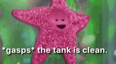 A Pink Starfish With A Face And The Words `` Gasps The Tank Is Clean '' Written On It . GIF
