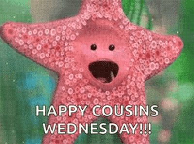 A Pink Starfish With A Face On It Is Saying `` Happy Cousins Wednesday !!! '' GIF