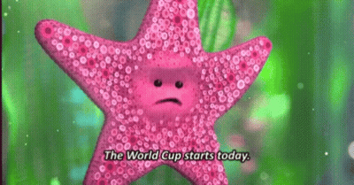 A Pink Starfish With A Face On It Is Talking About The World Cup Starting Today . GIF