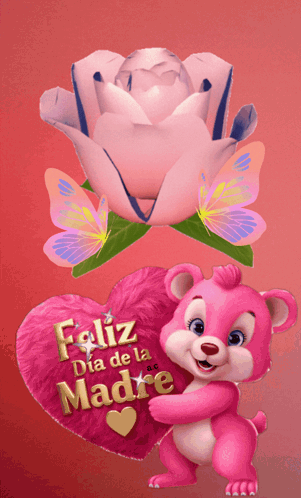 A Pink Teddy Bear Holding A Heart That Says " Feliz Dia De La Madre " GIF