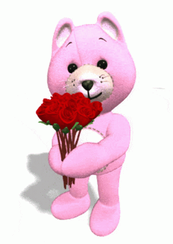 A Pink Teddy Bear Holds A Bouquet Of Red Roses GIF