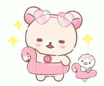 A Pink Teddy Bear Is Holding A Pink Flamingo Float And A Penguin Is Holding A Flamingo Float . GIF