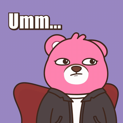 A Pink Teddy Bear Is Sitting In A Chair With The Word Umm Above It GIF