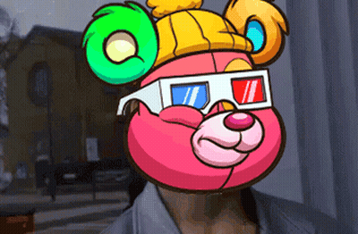 A Pink Teddy Bear Wearing 3D Glasses And A Hat GIF