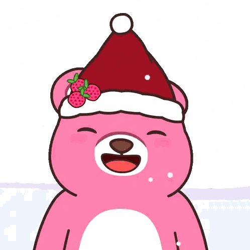 A Pink Teddy Bear Wearing A Santa Hat With Two Strawberries On It Sticker