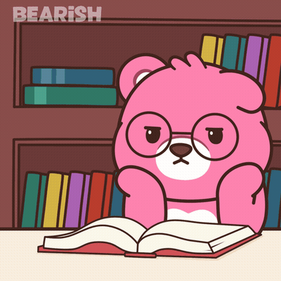 A Pink Teddy Bear Wearing Glasses Is Reading A Book In Front Of A Bookshelf That Says Bearish GIF