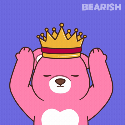 A Pink Teddy Bear With A Crown On Its Head With The Word Bearish Behind It GIF
