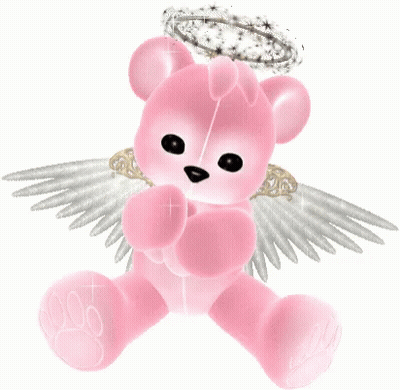 A Pink Teddy Bear With Angel Wings And A Halo Around Its Head GIF