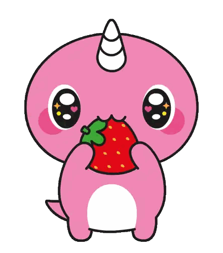 A Pink Unicorn Is Eating A Strawberry With A White Horn Sticker