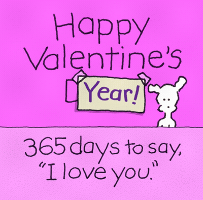 A Pink Valentine 'S Day Card With A Dog Holding A Sign That Says Happy Valentine 'S Year GIF