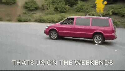 A Pink Van Is Driving Down A Road With The Words Thats Us On The Weekends Above It GIF