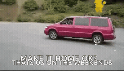 A Pink Van Is Driving Down The Road With The Words Make It Home Ok That 'S Us On The Weekends GIF