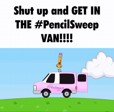 A Pink Van With A Pencil On Top That Says Shut Up And Get In The #Pencilsweep Van GIF