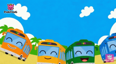 A Pinkfong Advertisement With Four Buses In A Line GIF