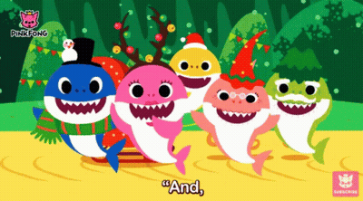A Pinkfong Advertisement With Sharks Wearing Christmas Hats And Sweaters GIF