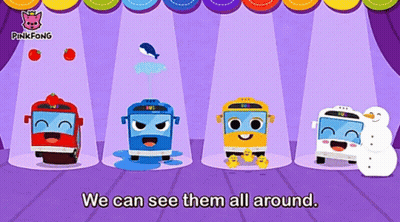 A Pinkfong Cartoon Shows Four Buses On Stage GIF