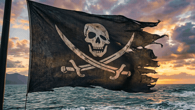 A Pirate Flag With A Skull And Crossed Swords On It GIF