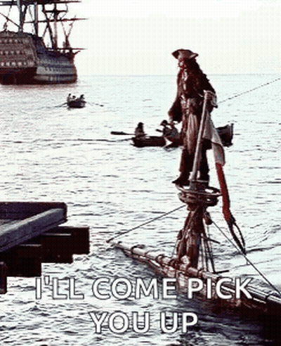 A Pirate Is Standing On The Side Of A Boat In The Water With A Ship In The Background . GIF