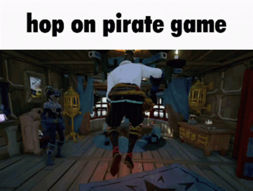 A Pirate Jumping In A Room With The Words Hop On Pirate Game On The Bottom GIF