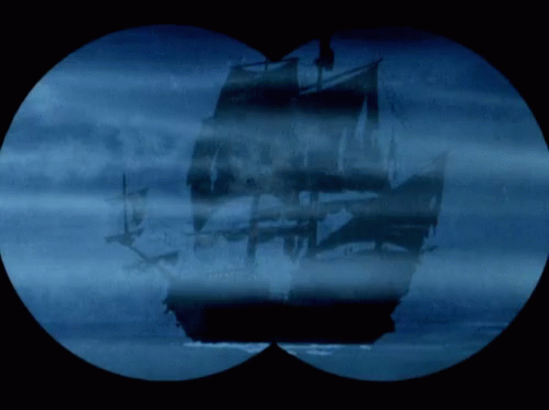 A Pirate Ship Is Seen Through Binoculars With A Bird On Top Of It GIF