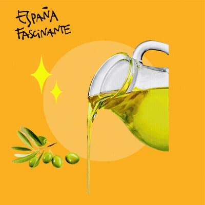 A Pitcher Of Olive Oil Is Poured On A Yellow Background With Espana Fascinante Written On It GIF