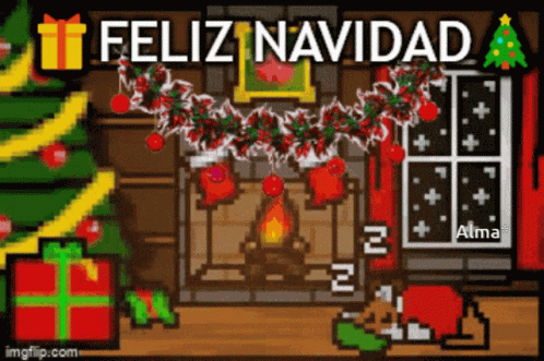 A Pixel Art Christmas Scene With A Fireplace And A Christmas Tree GIF