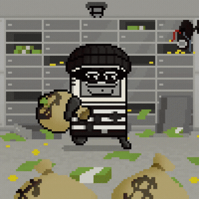 A Pixel Art Drawing Of A Bandit Holding A Bag Of Money GIF