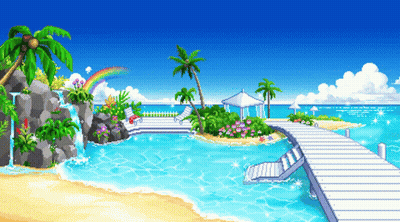 A Pixel Art Drawing Of A Beach With A Waterfall GIF