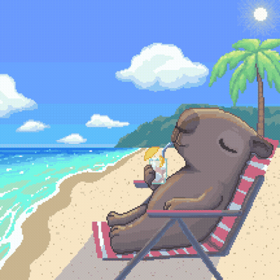 A Pixel Art Drawing Of A Bear Sitting On A Beach Drinking A Drink GIF