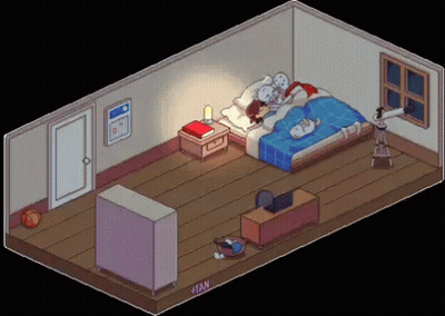 A Pixel Art Drawing Of A Bedroom With Two Beds And A Desk GIF