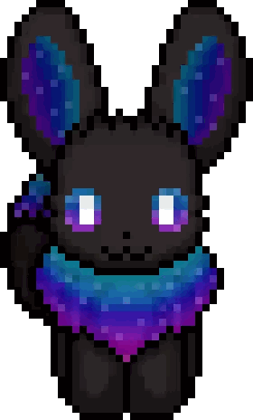 A Pixel Art Drawing Of A Black Rabbit With Purple And Blue Ears Sticker