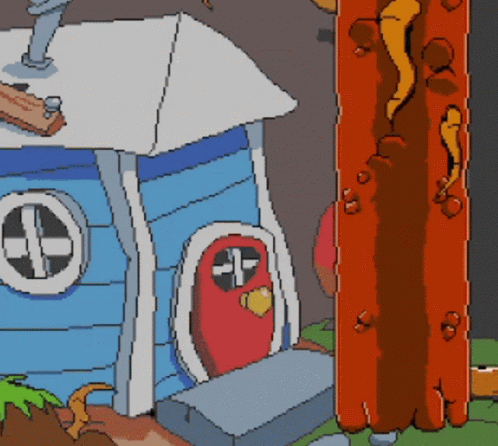 A Pixel Art Drawing Of A Blue House With A Red Door And Stairs GIF