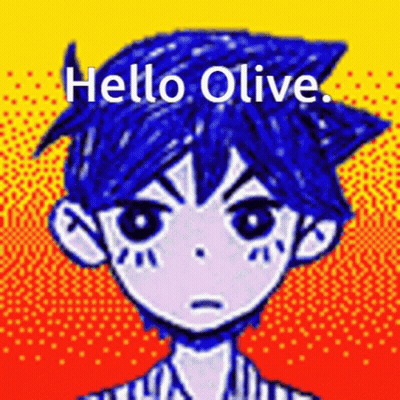 A Pixel Art Drawing Of A Boy With Blue Hair And The Words `` Hello Olive '' Written Above Him . GIF
