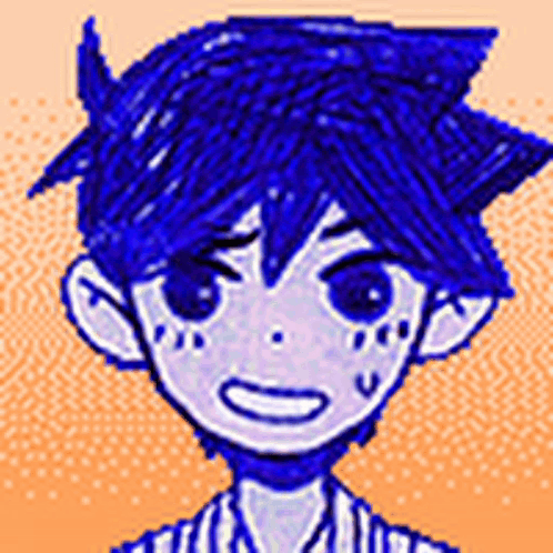A Pixel Art Drawing Of A Boy With Blue Hair Smiling . GIF