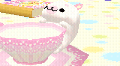A Pixel Art Drawing Of A Bunny Eating A Piece Of Cake Next To A Bowl Of Milk GIF