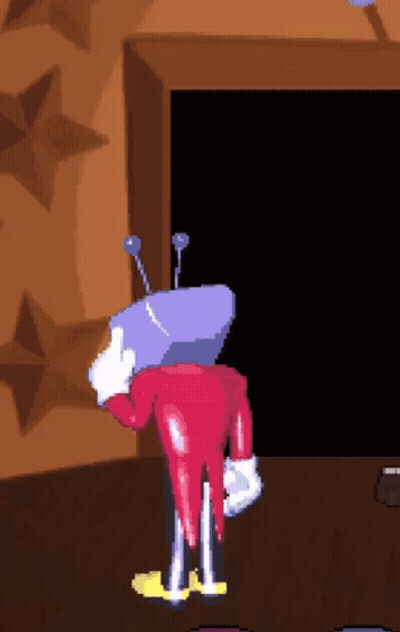 A Pixel Art Drawing Of A Cartoon Character With A Purple Head GIF