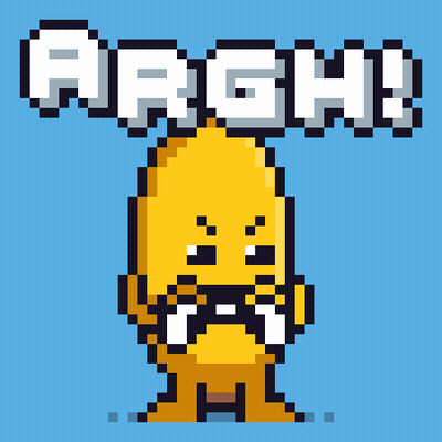 a pixel art drawing of a cartoon character with the words argh written above it