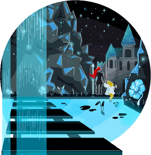 A Pixel Art Drawing Of A Castle And A Waterfall With The Letter N In The Middle Sticker