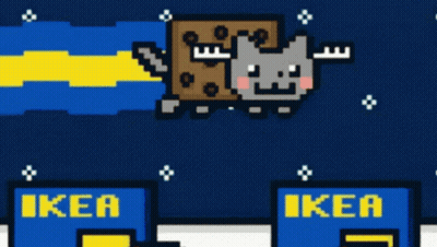 A Pixel Art Drawing Of A Cat Flying Through The Air With Ikea Signs Below It GIF